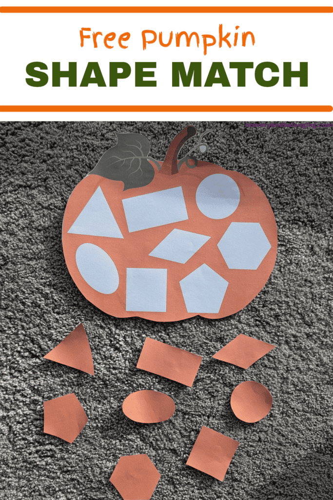 Pin text reads, free pumpkin shape match and shows an image of the pumpkin with shape gaps and then orange shapes under it, ready to be matched.