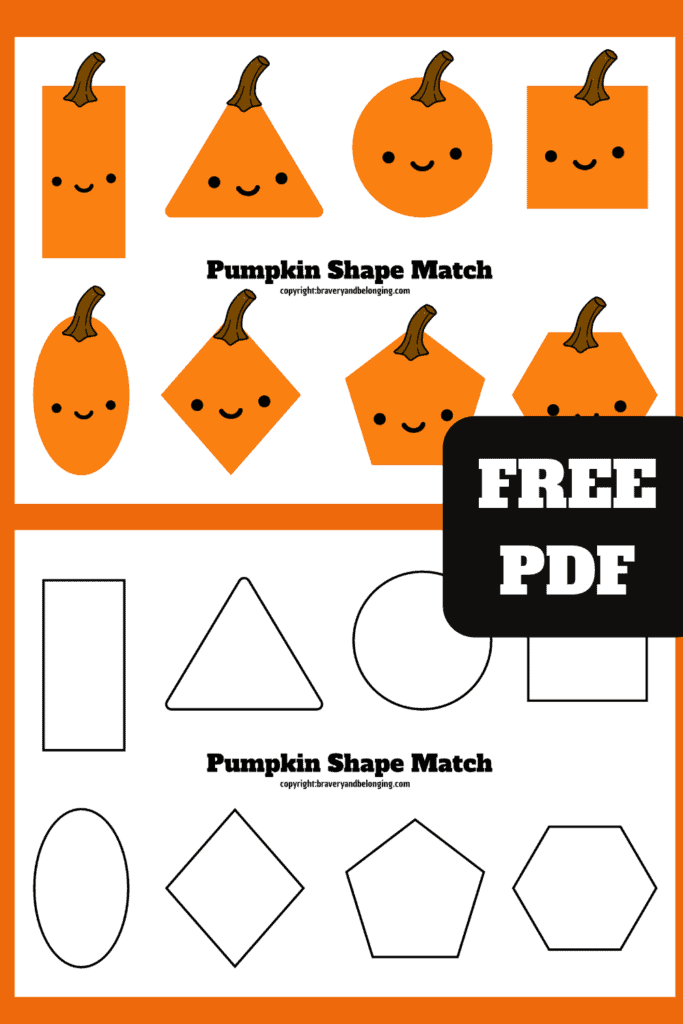 Pin has the text free pdf on it and 2 images to show the free printable. One is of the board with shapes on and the other is of the pumpkin shapes themselves to be cut out to attach to the board for matching,