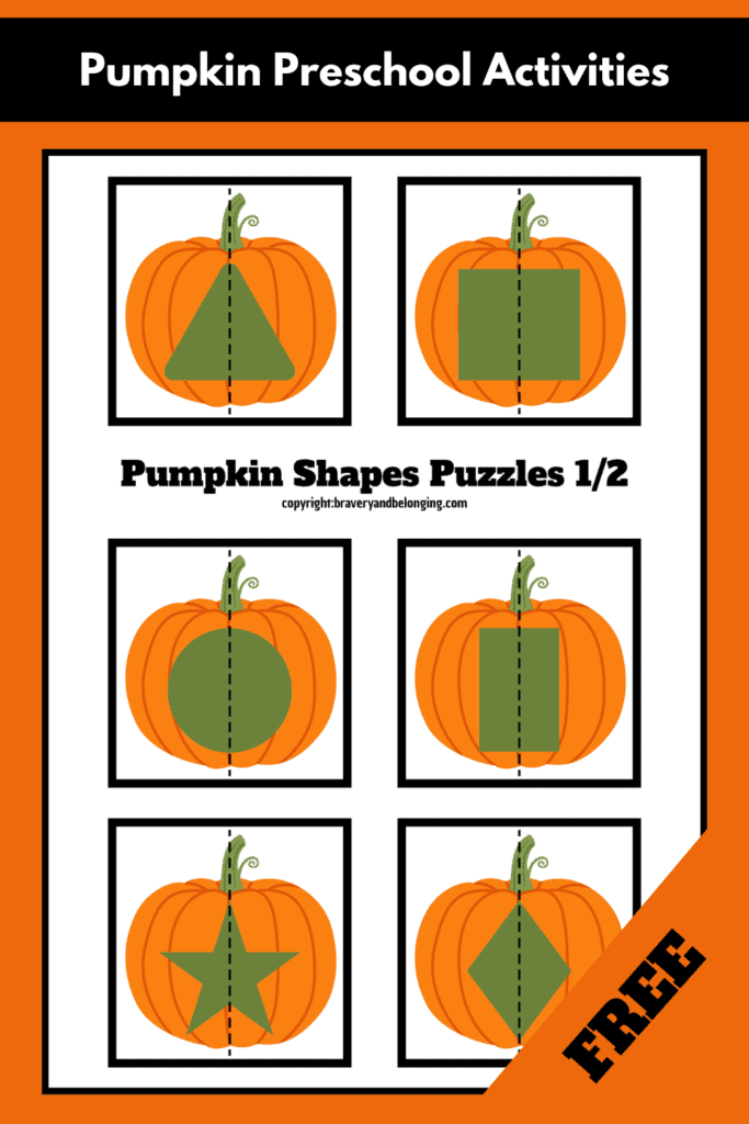 Pin text reads, pumpkin preschool activities free and shows my fre pumpkin shape match puzzles