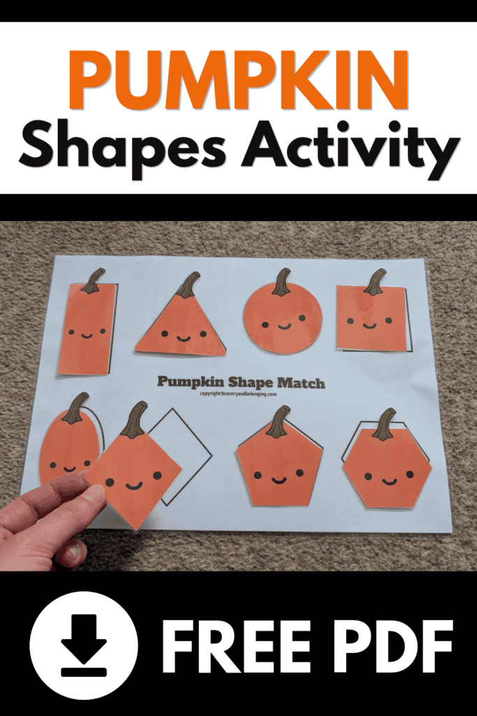 Pin text reads, pumpkin shapes activity free pdf and has an image of the free printable which is pumpkins in different shapes with smiley faces.