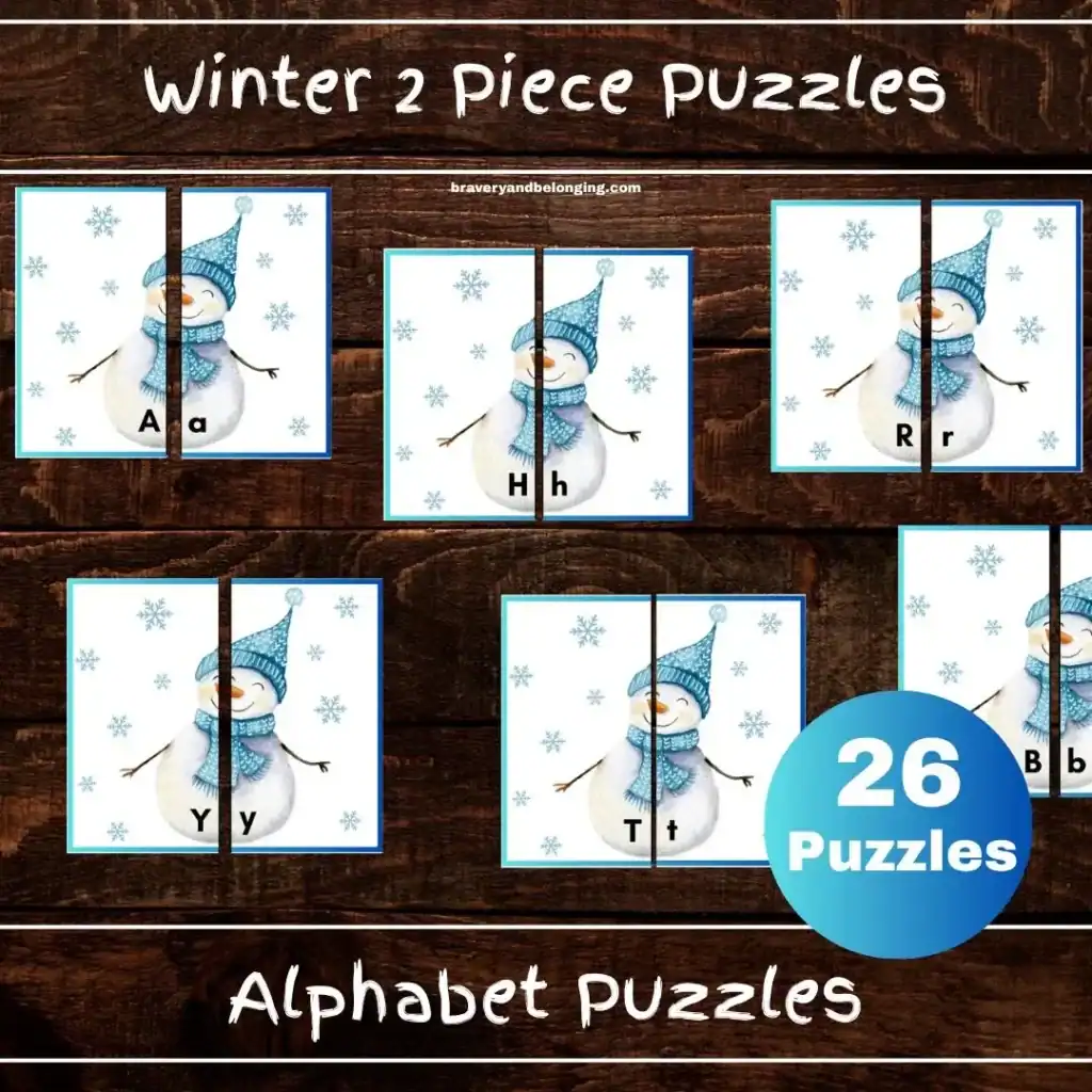 An image of my snowmen letter puzzles for sale on etsy winter 2-piece puzzles alphabet puzzles for little kids