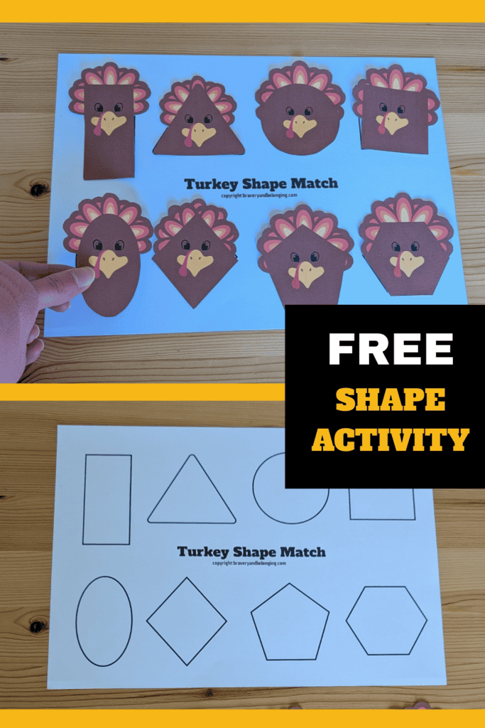 Pin text reads, free shape activity and shows an image of the free printable in use.