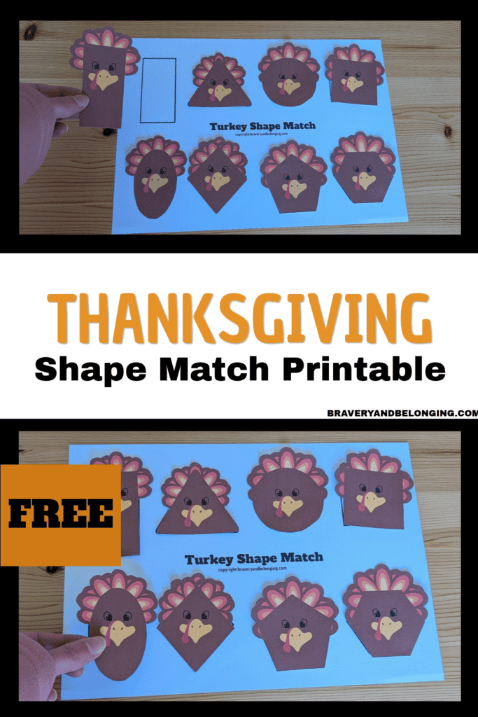 Pin text reads, thanksgiving shape match printable free and shows 2 images of the free 2 page printable in use.