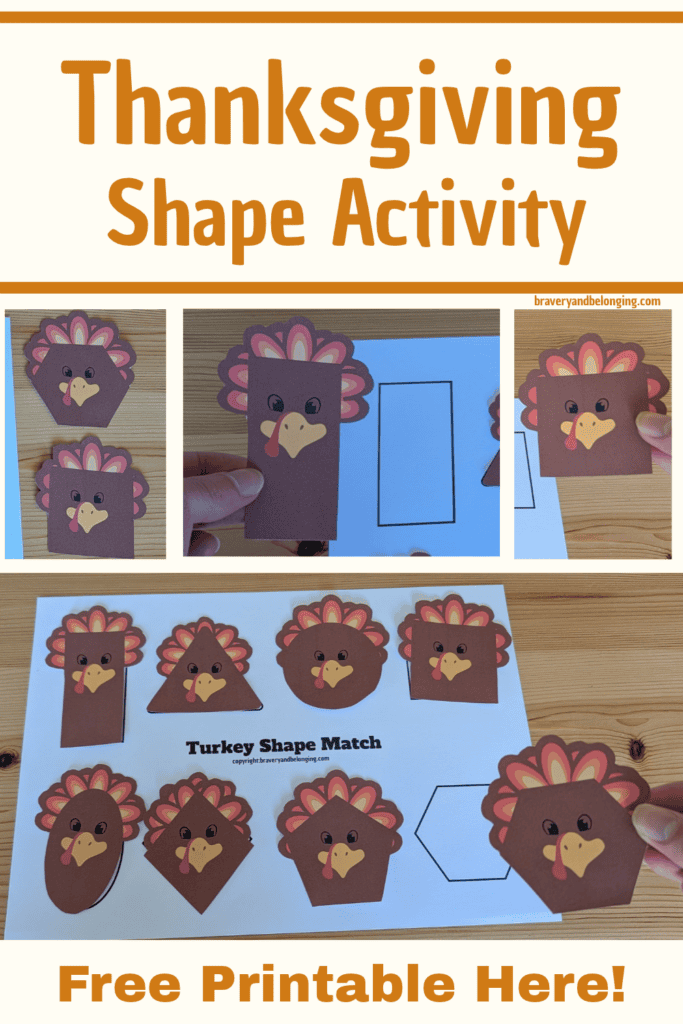 Pin text reads, thanksgiving shape activity free printable here and shows 4 images of it up close.