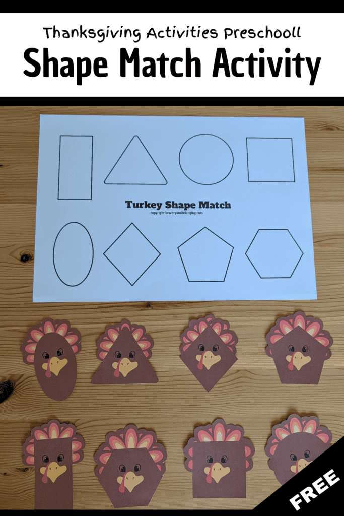 Pin text reads, thanksgiving activities printable shape match activity free. Image is of the 2 page printable